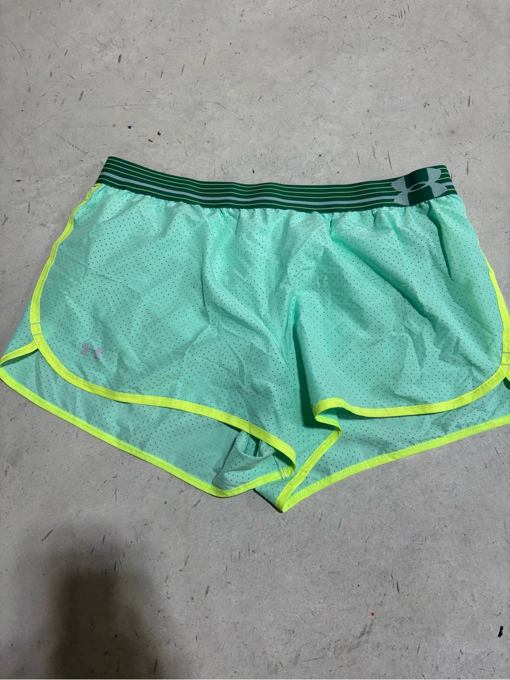Under Armour Women's Mint Green Athletic Shorts with Neon Yellow Trim